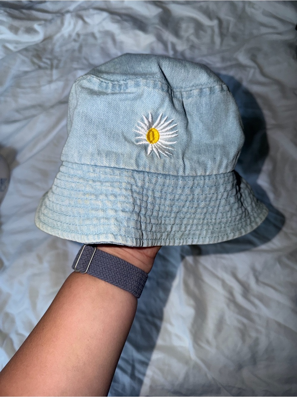 Women’s Denim Daisy Embroidered Bucket Hat